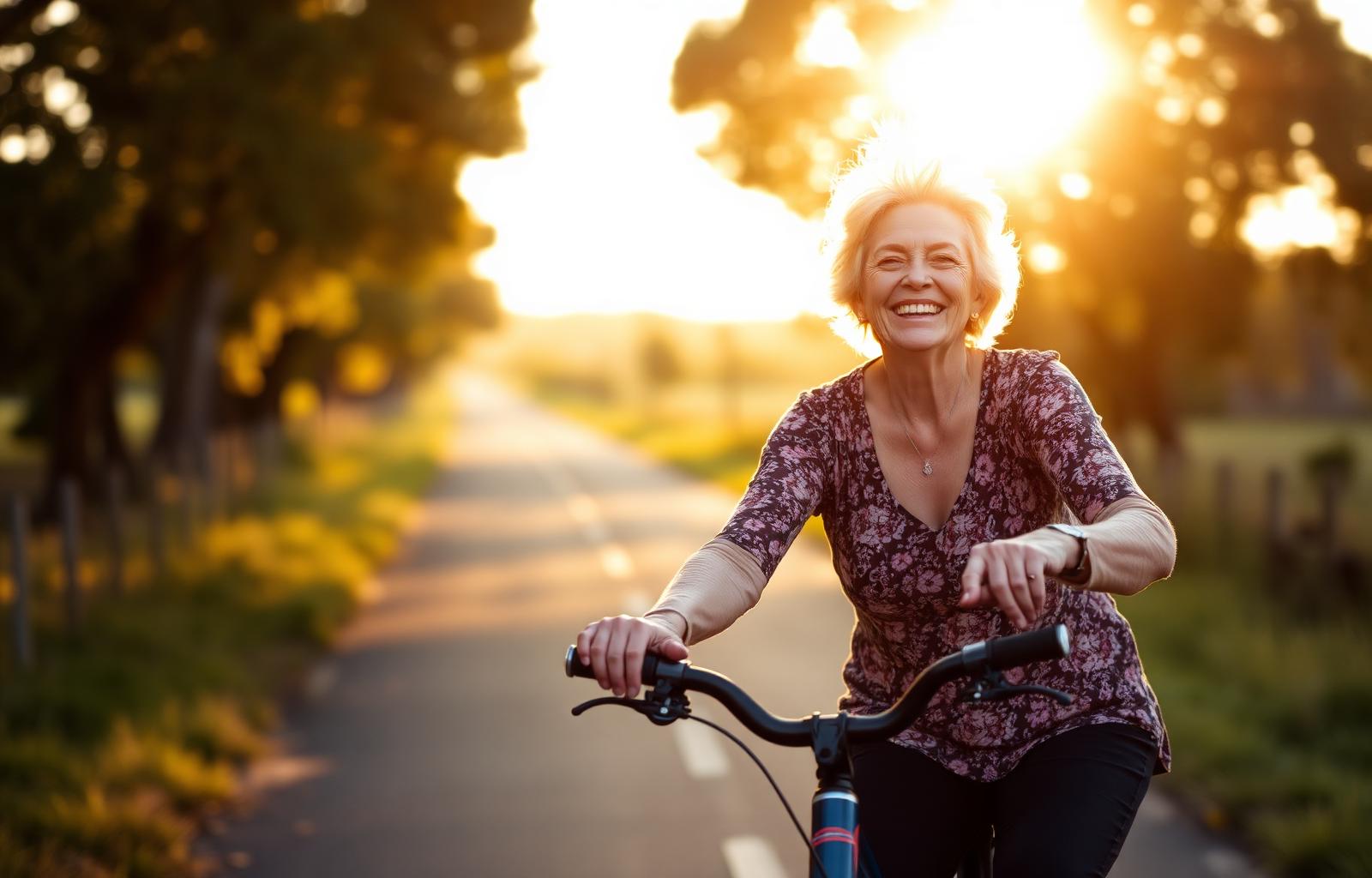 Older woman cycling joyfully on a country road, illustrating active life after orthopaedic recovery